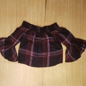 Ivy & Main Womens Purple Plaid Off The Shoulder Cropped Shirt Small